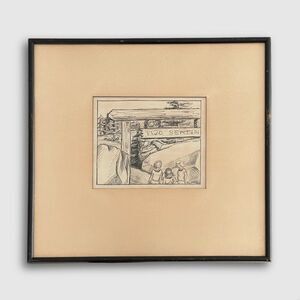 Vintage Sketch Drawing Artwork Framed‎ Signed Camp Woods Lake M.DREYFOSS 14x13